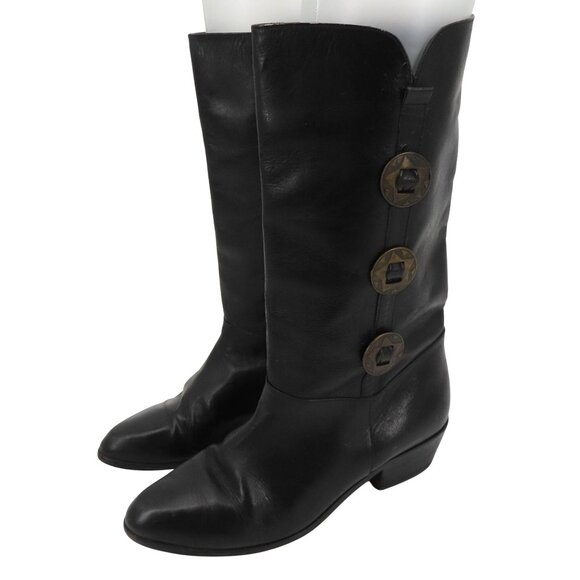 Womens 9 M Solid Black Leather 5 Point Star Concho Cowboy Western Boots Brazil - Picture 1 of 16